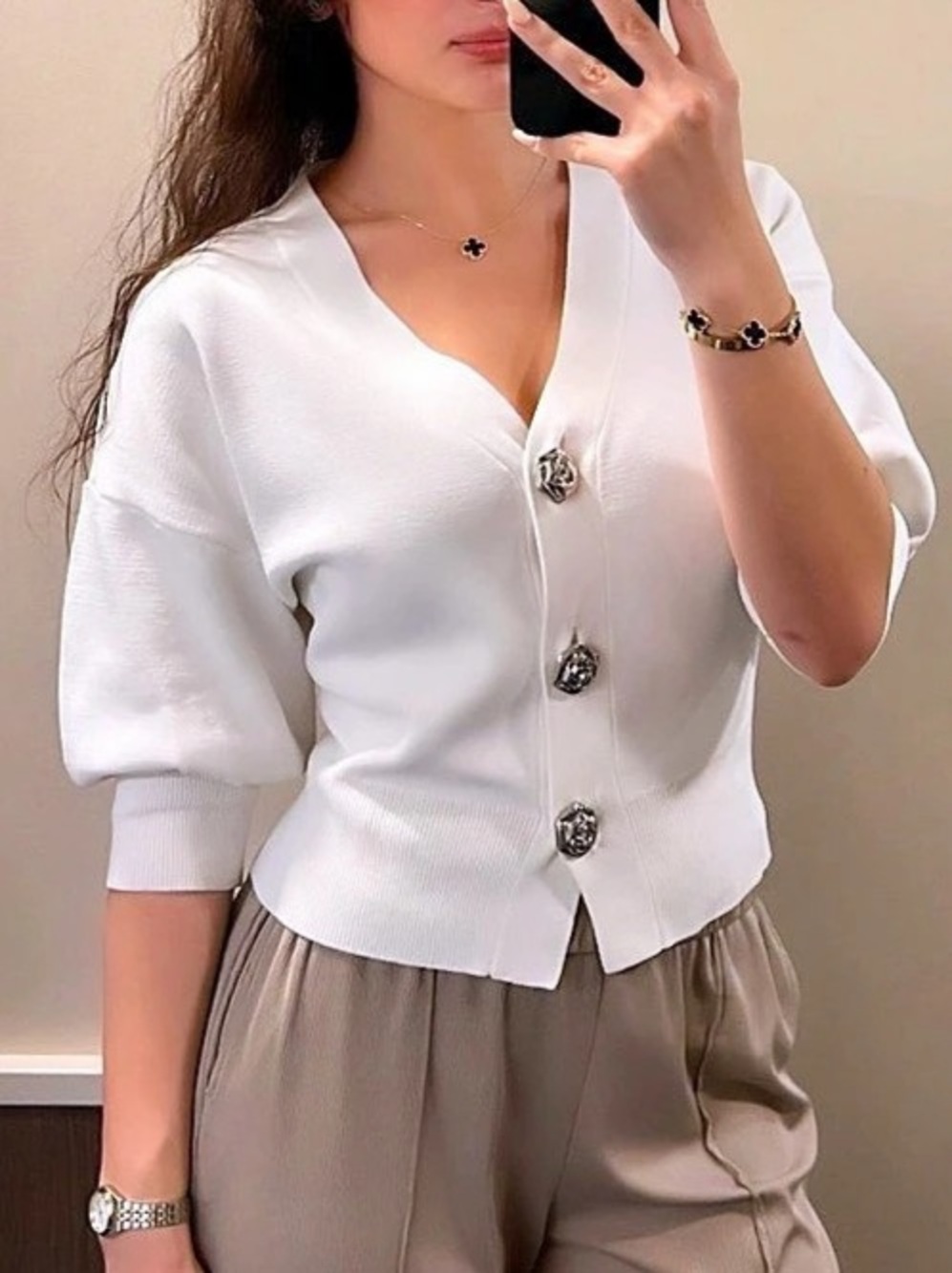 Zara Knit Cardigan with Rhinestone Buttons White Medium
